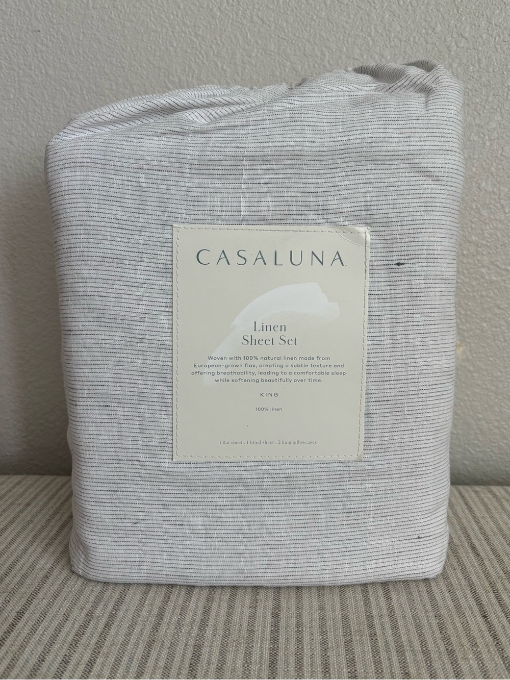 NWT King 100% Linen Sheet Set Dark Gray Micro Stripe - Casaluna